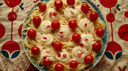 Fototapeta premium a plate of spaghetti with cherries and whipped cream on a red and white tablecloth with cherries on it.