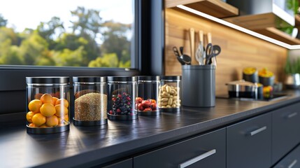 Photo of a decorative canisters in a modern kitchen, shot on 35 mm lens. photo-realistic, generated with AI