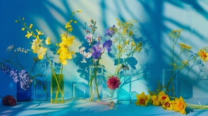  a group of vases filled with flowers on top of a blue surface with a shadow cast on the wall behind them.