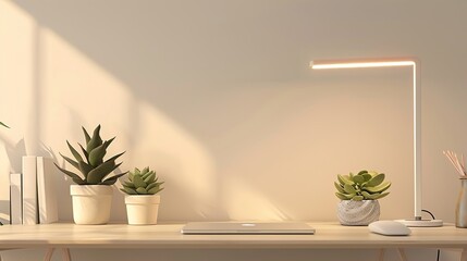 A UHD capture of a minimalist workspace with a sleek desk, modern task lamp, and potted succulents, fostering creativity and productivity in a clutter-free environment.