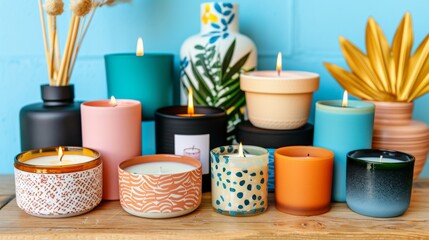  a group of candles sitting on top of a wooden table next to a potted plant and a blue wall.