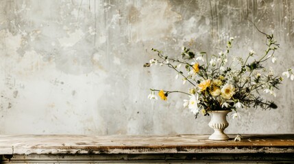  a vase filled with yellow and white flowers sitting on top of a wooden table in front of a dirty wall.