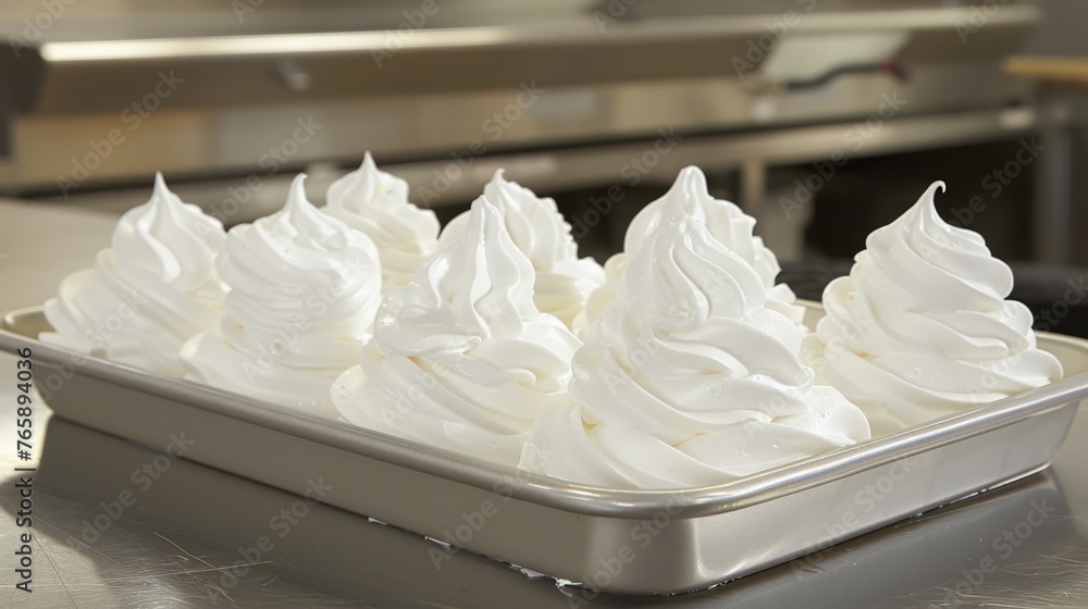 Poster a tray filled with whipped cream sitting on top of a counter next to a frying pan with a frying pan 