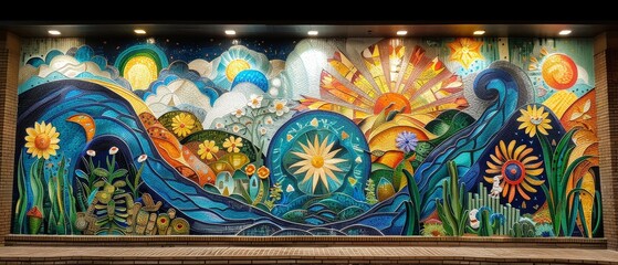 A vibrant mural depicting Mexican history and folklore, its colors and details captivating and...