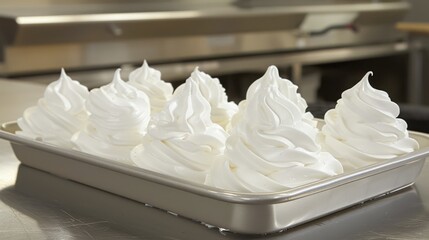  a tray filled with whipped cream sitting on top of a counter next to a frying pan with a frying pan in the background.
