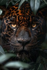 A black jaguar portrait, out of the jungle, hyper-realistic, mystic, generated with AI