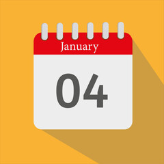 January 4th Calendar Icon with Yellow Background with Shadow and Red Border.
