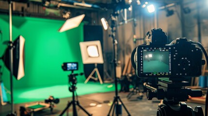 A background picture of a movie set production with equipment lighting and a green screen, generated with AI