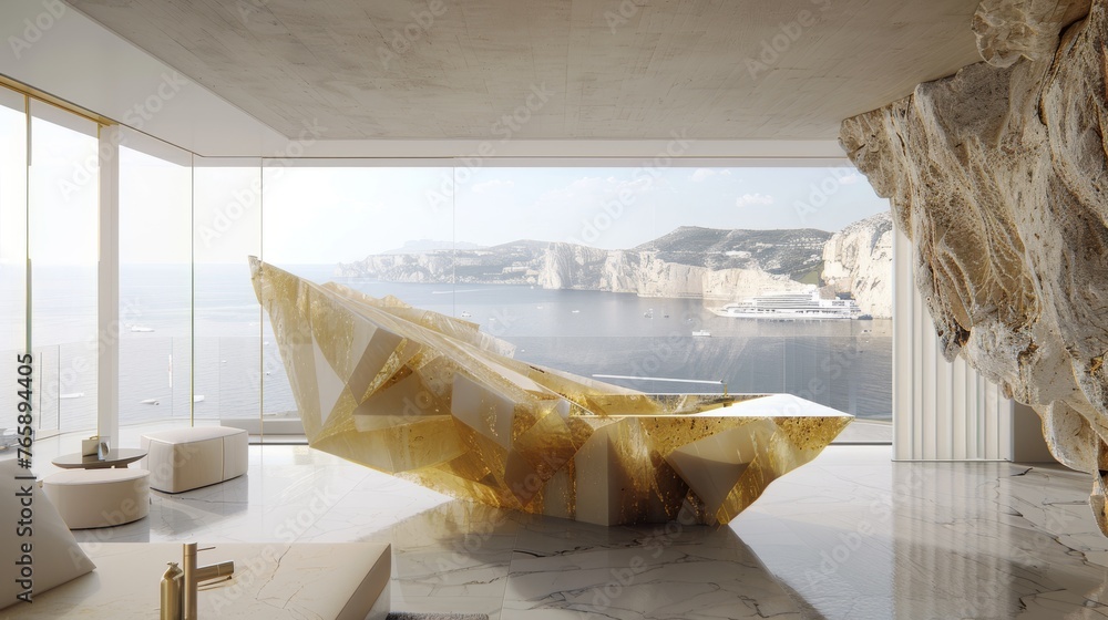 Poster a room with a large rock in the middle of it and a large window on the other side of the room.
