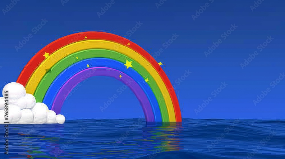 Poster a rainbow in the middle of the ocean with clouds in the foreground and a blue sky in the background.