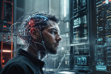 Naklejka na ściany i meble A young scientist studies the functioning of the brain. A man is connected to a research machine through many wires.