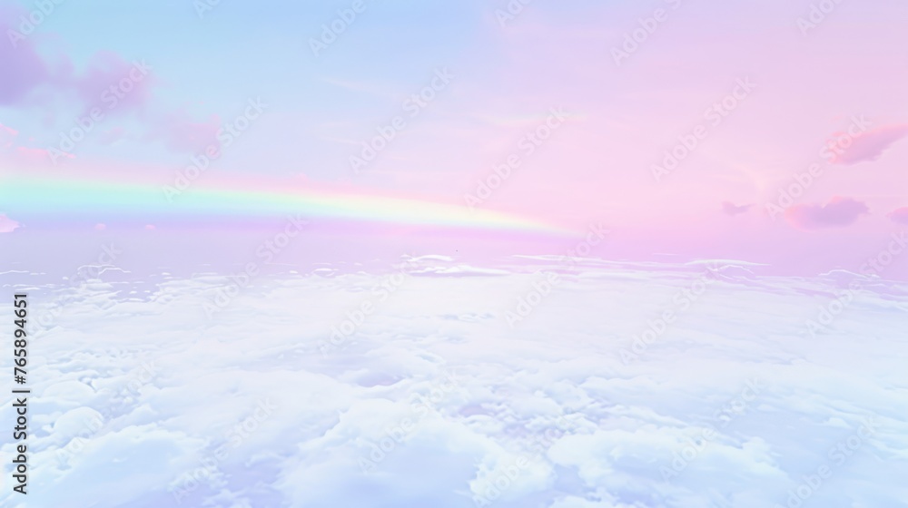 Poster a view of a rainbow in the sky from the top of a plane with clouds and a rainbow in the sky.