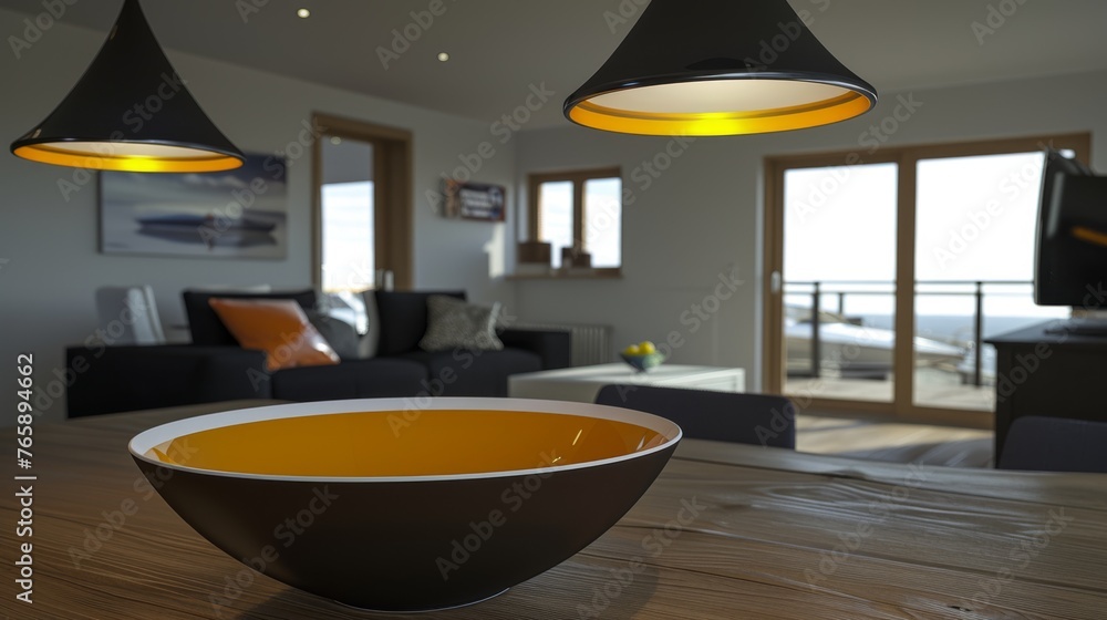 Poster a bowl of soup sits on a table in front of a living room with a couch and a large window.