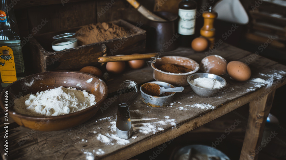 Poster a wooden table topped with lots of different types of baking utensils and a wooden table topped with