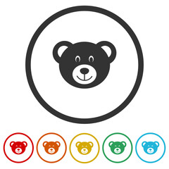 Simple head teddy bear icon. Set icons in color circle buttons