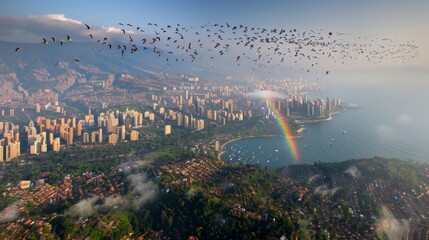  a large group of birds flying over a city with a rainbow in the sky and a rainbow in the sky.