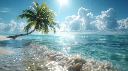 A palm tree, white sand, clear sea, generated with AI