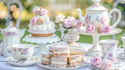  a table topped with cakes and cupcakes next to a plate of cupcakes and a tea pot.