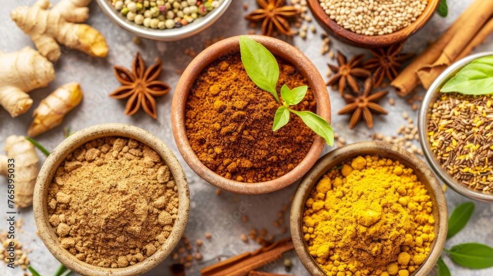Poster a table topped with bowls filled with different types of spices and spices next to cinnamons and ani