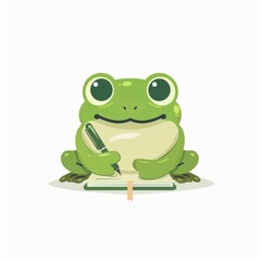 A cute green frog writing in a journal, illustration generated with AI