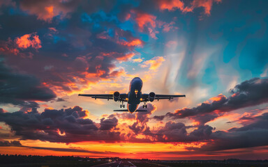 Passenger plane flying in a spectacular sunset. Jet airplane taking off or landing. - obrazy, fototapety, plakaty