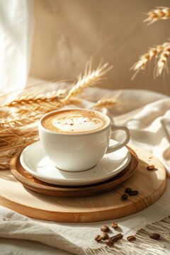 A cup of coffee with latte art on a wooden plate, cup lid, surrounded by wheat and cream colors on a light beige , generated with AI