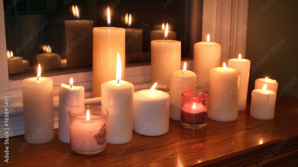 Poster a group of lit candles sitting on top of a window sill next to a window sill with a window sill in t