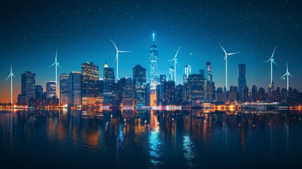 new york skyline with turbine windmills between buildings, at night  - obrazy, fototapety, plakaty