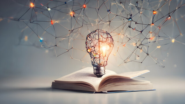  Light bulb on the Book. Education concept. Searching for new ideas. AI generated image
