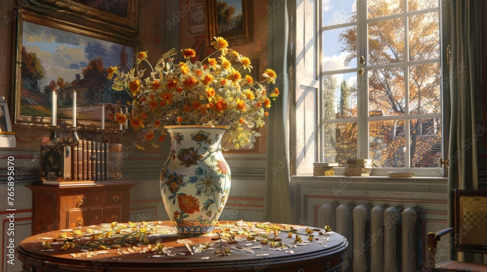 Poster a vase of flowers sitting on a table in front of a window with a painting on the wall behind it.