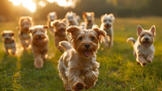 Beautiful photo of happy dogs playing in green nature, generated with AI