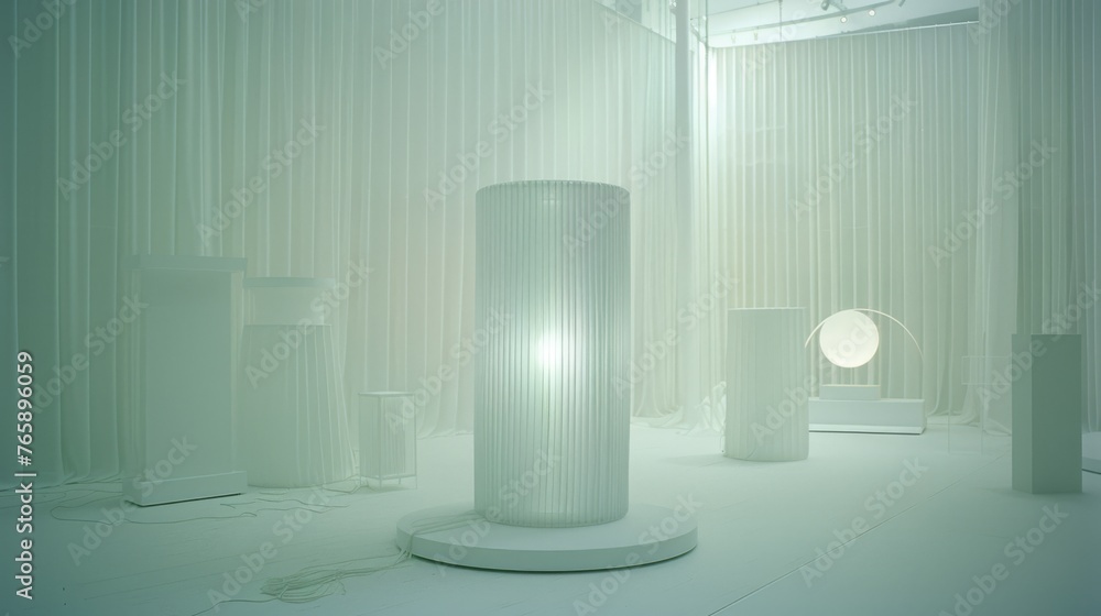 Poster a white room with a lamp on the floor and a table lamp on the floor in the middle of the room.