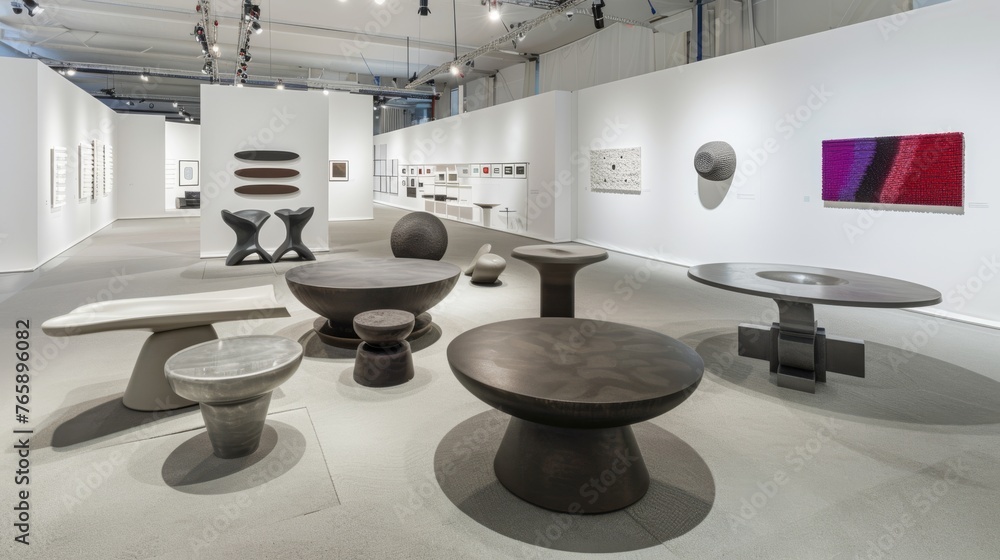 Poster a group of tables and stools in a room with white walls and a ceiling with lights hanging from the c