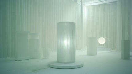  a white room with a lamp on the floor and a table lamp on the floor in the middle of the room.