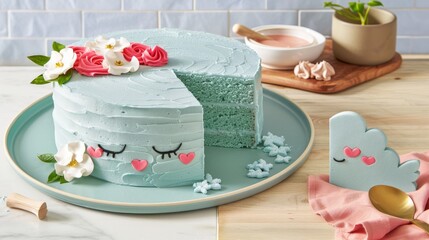  a blue cake with white frosting and pink flowers on top of a blue plate with a slice cut out of it.