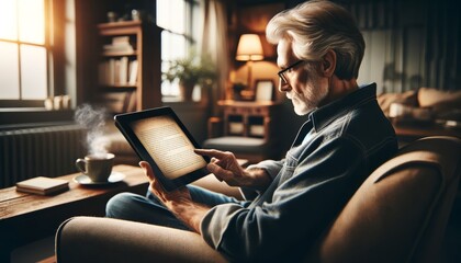 Elderly senior man uses technology. Active retirement, happy life, hobby, reading - obrazy, fototapety, plakaty
