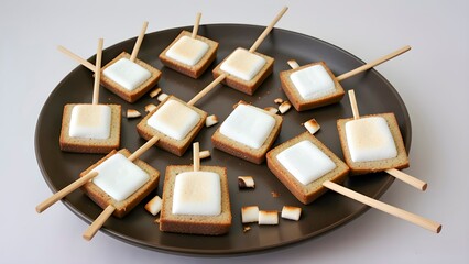 Marshmallows arranged artistically on toothpicks, creating a playful and creative display. - obrazy, fototapety, plakaty