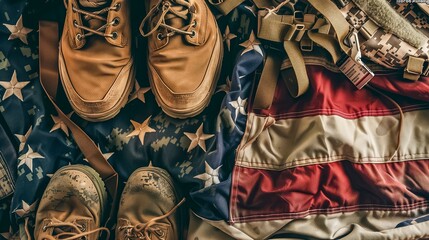 Memorial Day Tribute With Military Boots and Flag - obrazy, fototapety, plakaty