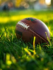 An american football ball in grass on the field, short grass, medium shot, generated with AI