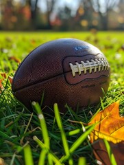 An american football ball in grass on the field, short grass, medium shot, generated with AI