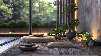 Afwasbaar fotobehang A UHD capture of a zen-inspired meditation corner with floor cushions, incense burners, and potted bonsai trees, providing a serene retreat for mindfulness and relaxation in a modern home setting. © ZQ Art Gallery 