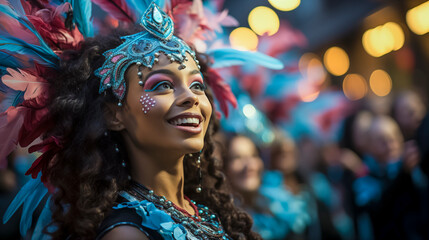 Captured mid-celebration, a carnival dancer's beaming smile exudes the festival's vibrant energy, adorned with ornate headdress and makeup. - obrazy, fototapety, plakaty