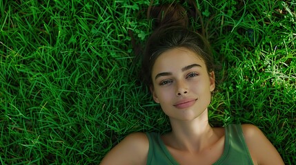 Top view Young beautiful girl lying on the ground green grass lawn.