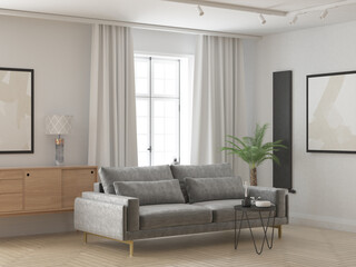 Eleganckie jasne wnętrze salonu pokoju dziennego z zasłonami wygodną sofą i oświetleniem track