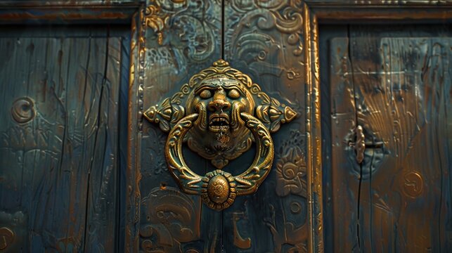 A UHD capture of a vintage brass door knocker with intricate designs, showcasing its timeless beauty and craftsmanship against the solid backdrop, evoking a sense of old-world charm.
