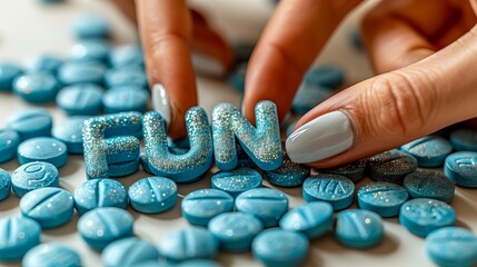 Hands with elegant manicure arrange glittering letters spelling "FUN" among blue pills, capturing the playful side of health supplements.