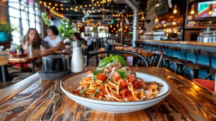  a plate of pasta with tomatoes and basil on a wooden table in a restaurant with people sitting at tables in the background. - obrazy, fototapety, plakaty