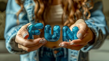 Hands carefully hold letters spelling "FUN", creatively made from sparkling blue capsules, embodying a playful approach to wellness.