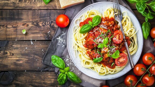  a plate of spaghetti with tomato sauce, basil, and parmesan cheese on a table with tomatoes and bread.