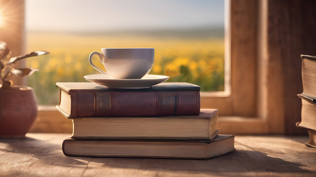 Stack of old books and coffee cup on outdoor wood table with landscape view. Lifestyle concept. Old hardcover books. Educational concept.  AI generated image, ai
